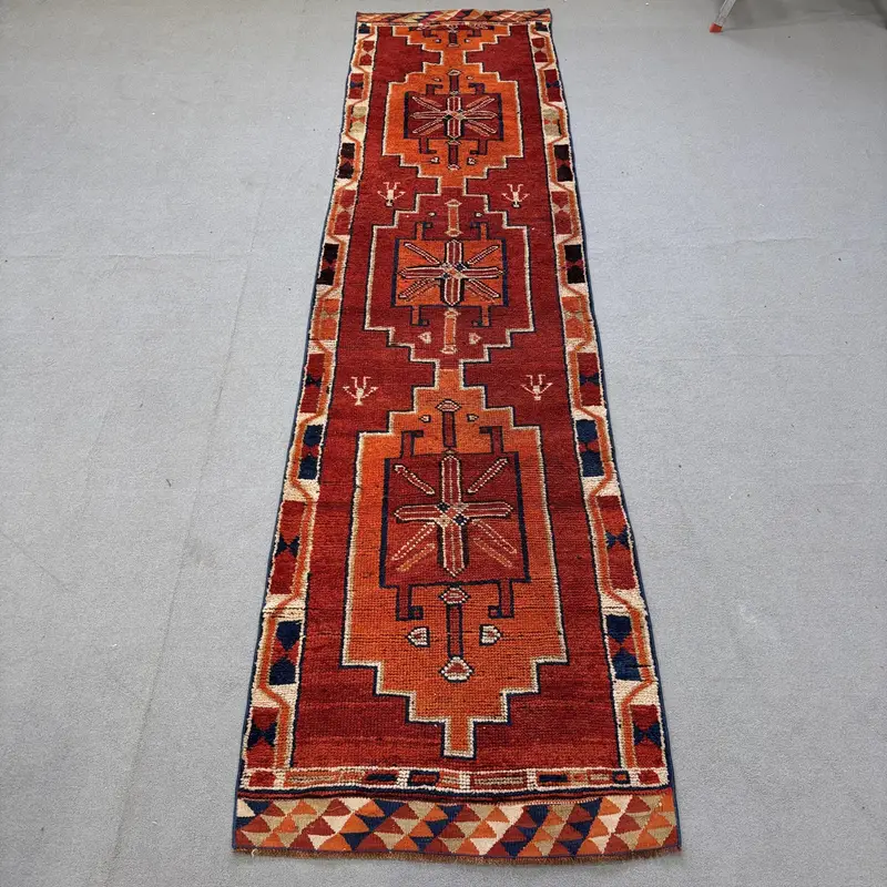Vintage Rug, 3x12.2 ft Runner Turkish Rug, Herki Red Blue Ombré Rug - 1