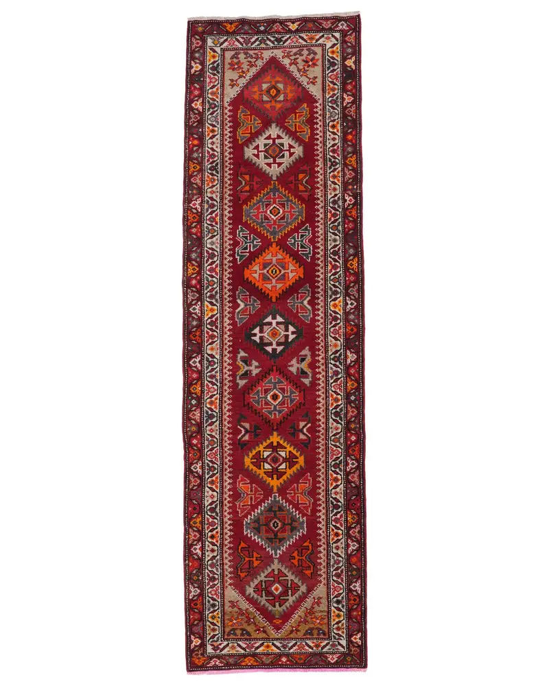 レッドチェックラグ、2.9x10.4フィート、エレガントグレーアクセント