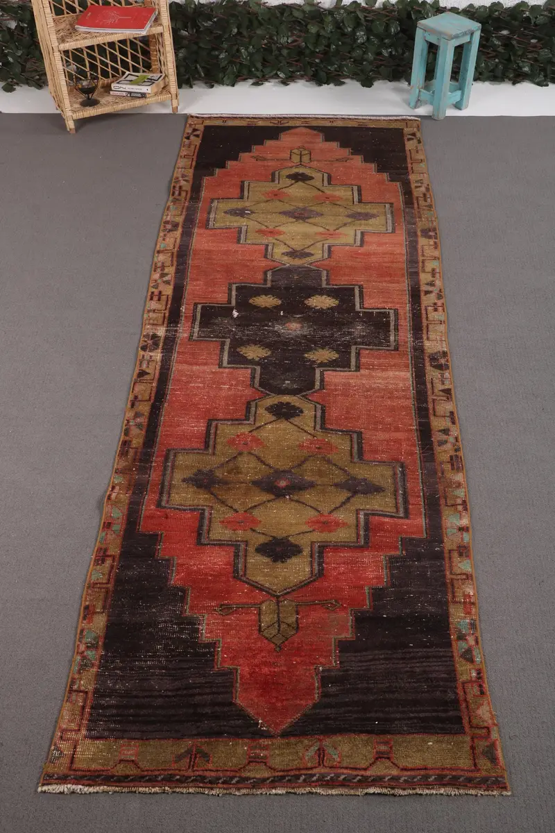 Vintage-Teppich, 3,2x9,8 ft Läuferteppich, braun-orangefarbener Oushak-Wollteppich - 1