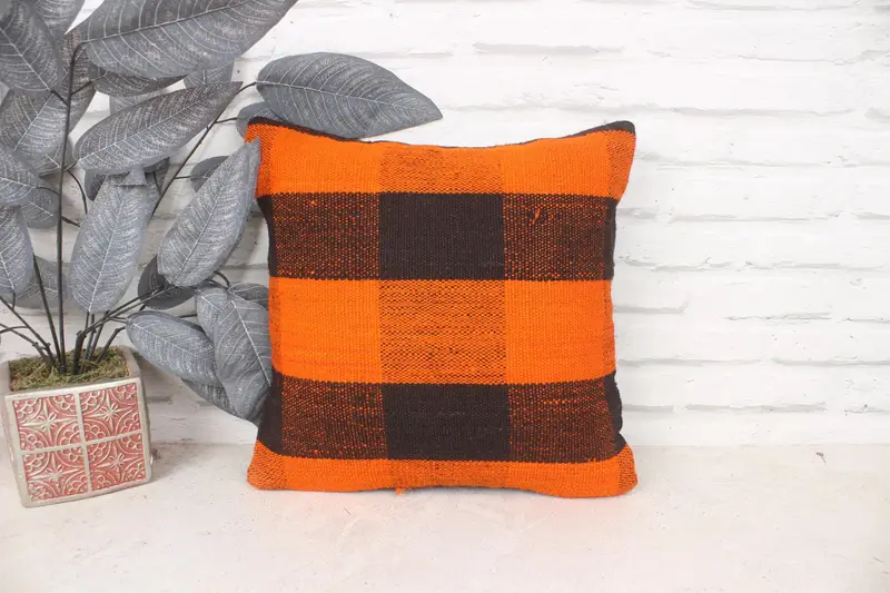 Traditional Pillow Sham, Turkish Kilim Pillow, Art Deco Pillow Case, 14x14 Orange Pillow, Vintage Pillow, Pillow Sham, Pillow for Couch - 1