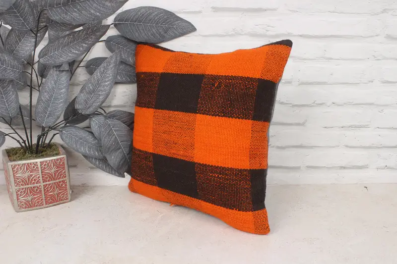 Traditional Pillow Sham, Turkish Kilim Pillow, Art Deco Pillow Case, 14x14 Orange Pillow, Vintage Pillow, Pillow Sham, Pillow for Couch - 4