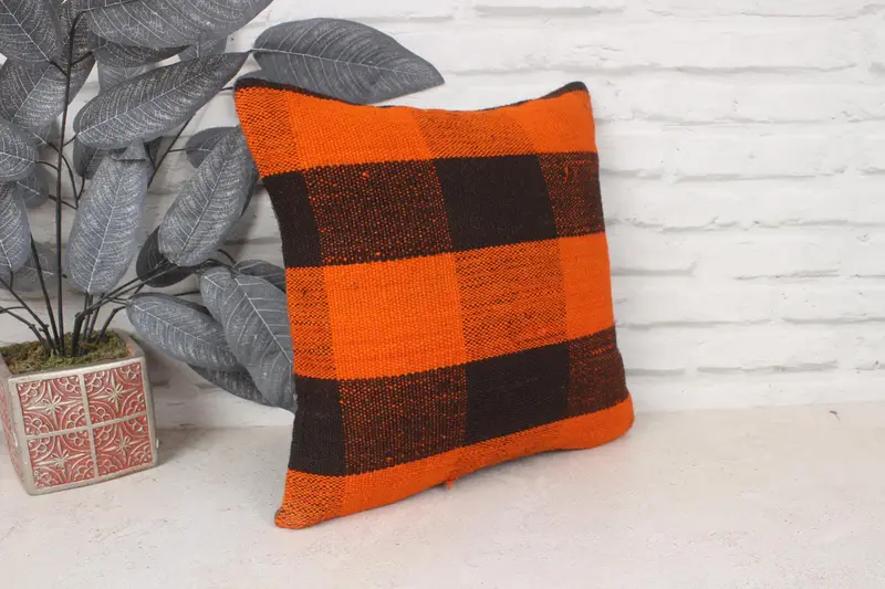 Traditional Pillow Sham, Turkish Kilim Pillow, Art Deco Pillow Case, 14x14 Orange Pillow, Vintage Pillow, Pillow Sham, Pillow for Couch - 3