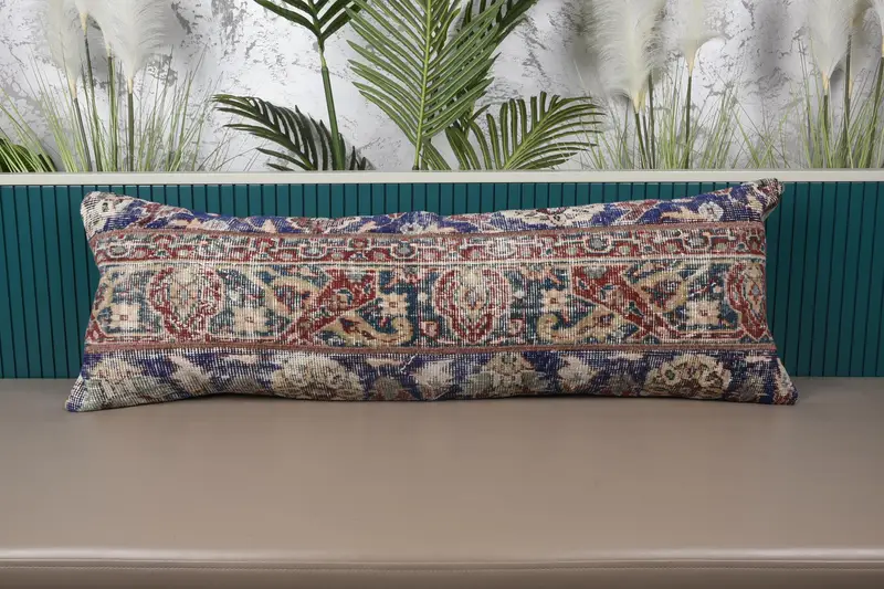 Blaues und rotes Patchwork-Wurfkissen, 16x48 besticktes Vintage-Kissen