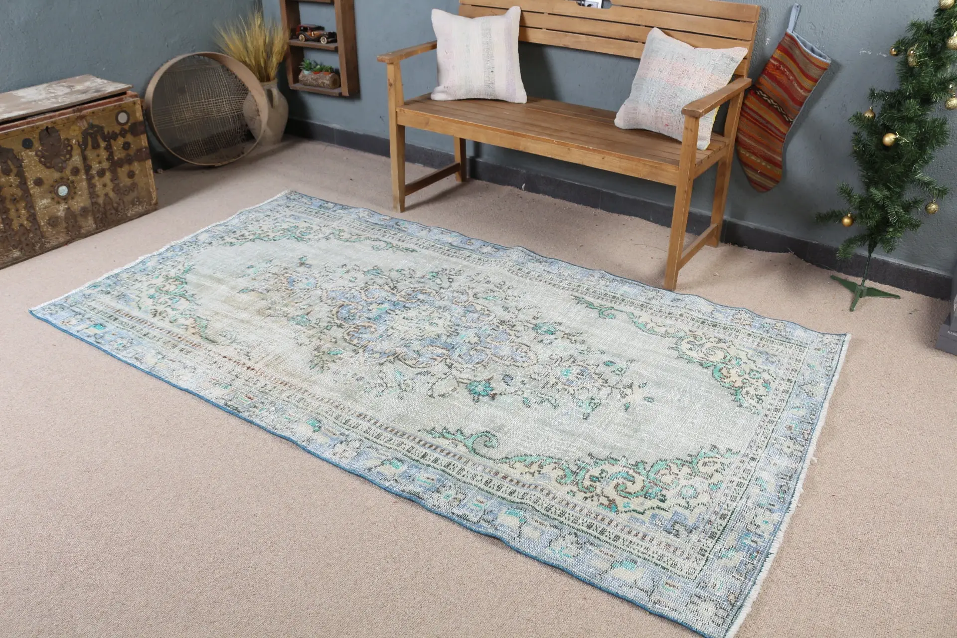4.2x7.7 ft Rug, Area Vintage Rug, Blue Animal Print Rug - 1