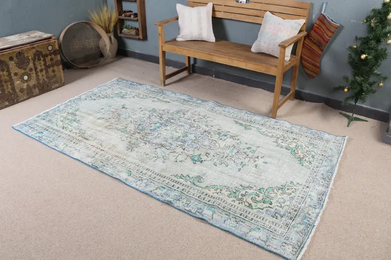 グリーン、ブルー アニマル柄ラグ、4.2x7.7フィート