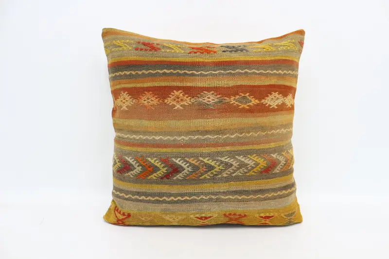 Gift Pillow, Turkish Corner Cushion Cover, Pillow Cover, 28x28 Yellow Cushion Cover, Pillow for Sofa, Ethnical Kilim Rug Pillow - 1