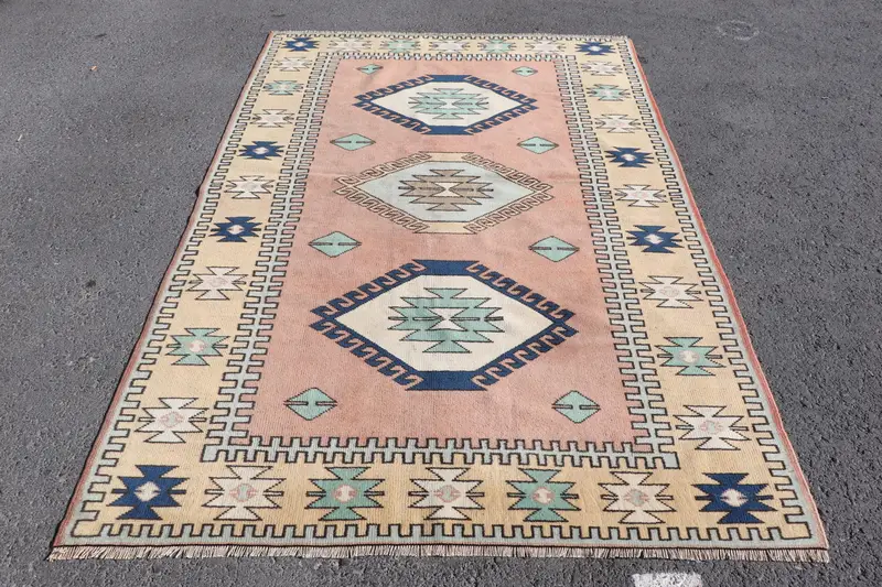 Türk Halısı, 5.1x7.7 ft Alan Halısı, Mavi Pembe Oushak Yün Halı - 1