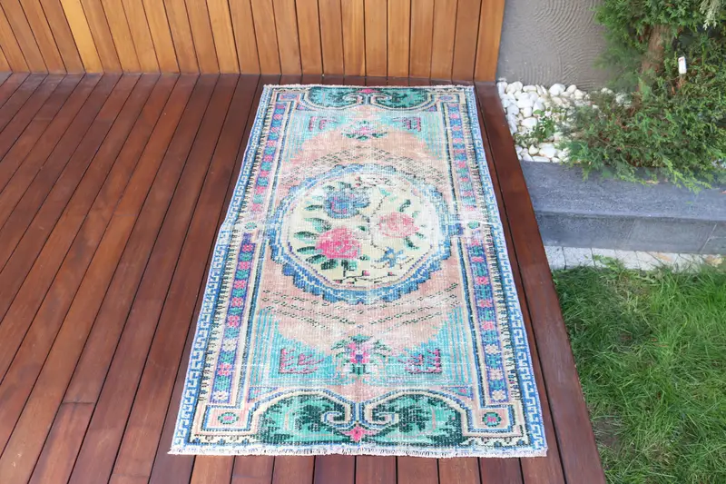 Vintage Accent Rug 2.9x5.3 ft (88x163 cm), Oushak Blue Camouflage Turkish Rug - 1