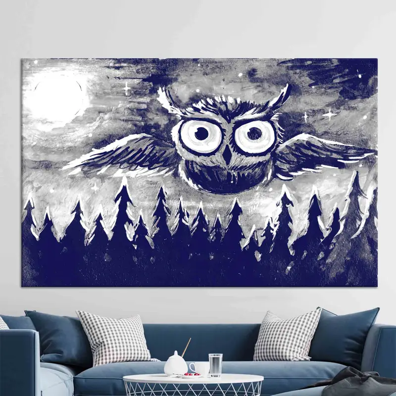 モダンなフクロウの夜の風景キャンバス - 満月の森のアート