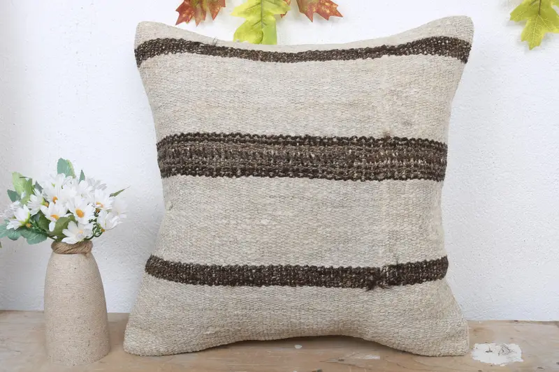 Boho Pillow Sham Cover, Patio Cushion, Pillow Case, Interior Designer Pillow, Ethnical Kilim Rug Pillow, 16x16 Beige Cushion - 2