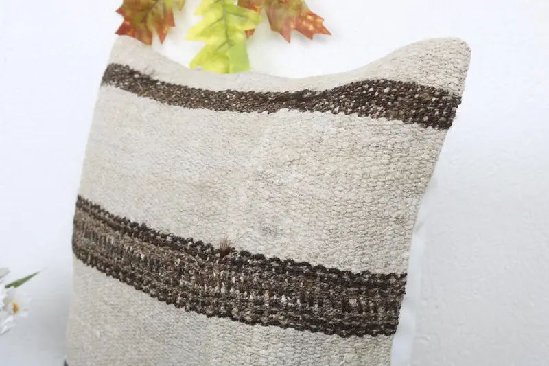 Boho Pillow Sham Cover, Patio Cushion, Pillow Case, Interior Designer Pillow, Ethnical Kilim Rug Pillow, 16x16 Beige Cushion - 5