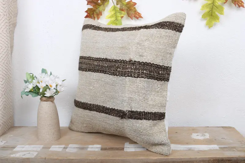Boho Pillow Sham Cover, Patio Cushion, Pillow Case, Interior Designer Pillow, Ethnical Kilim Rug Pillow, 16x16 Beige Cushion - 4
