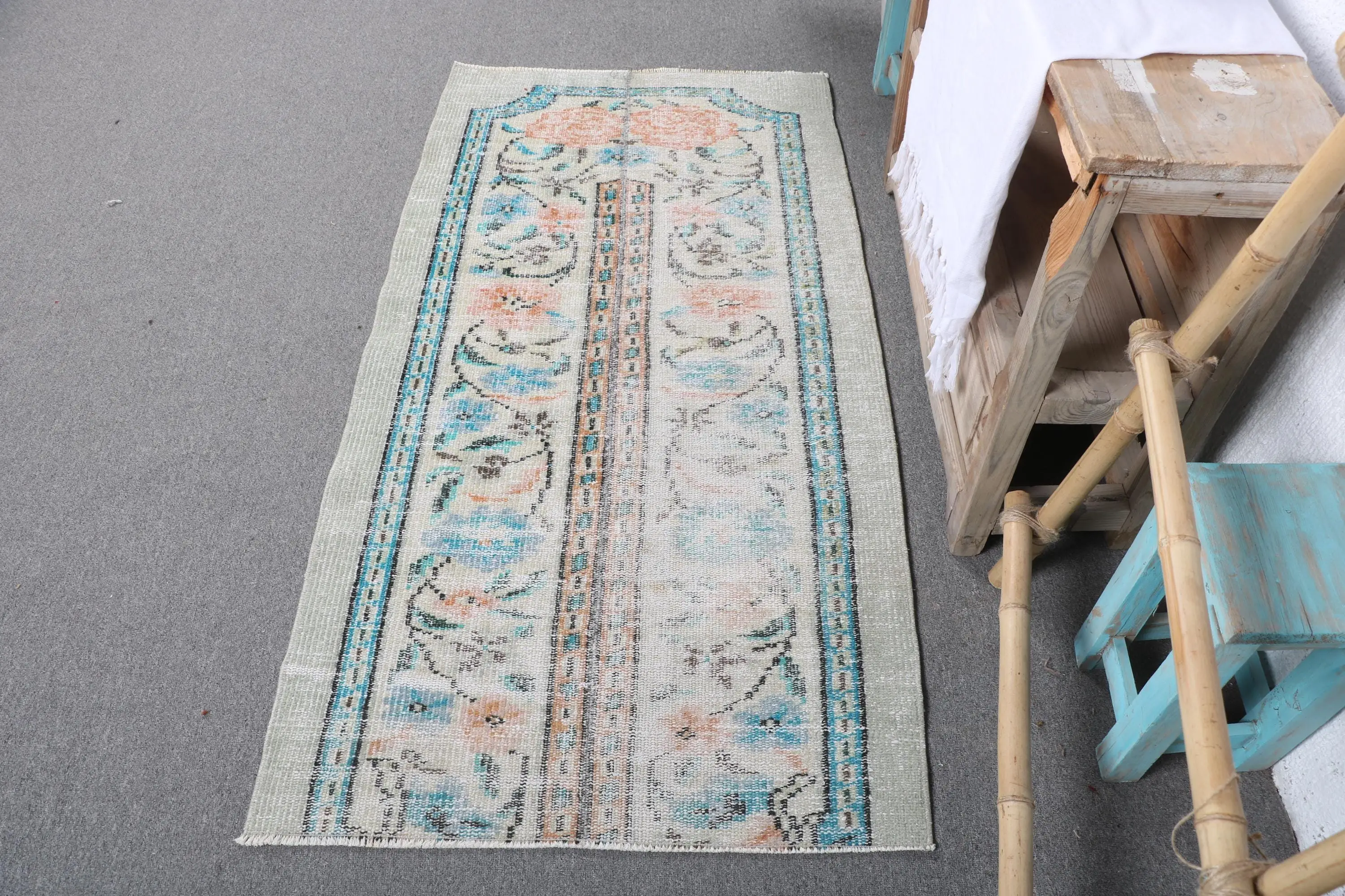 Vintage Rug, 2.5x4.9 ft Small Rug, Blue White Wool Rug - 1