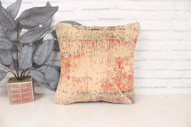 Cushion, Vintage Kilim Pillow, Vintage Pillow, 16x16 Red Pillow Cover, Handwoven Pillow Sham, Toss Cushion Cover, Interior Designer Pillow - 1