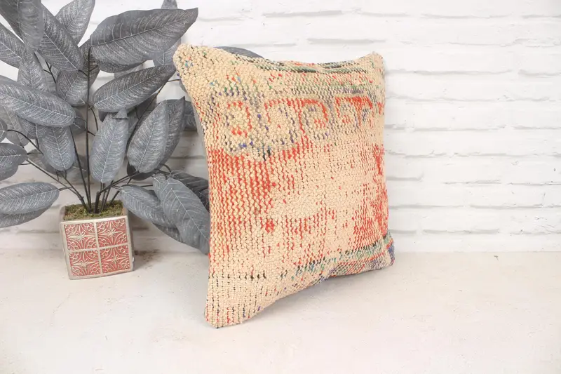 Cushion, Vintage Kilim Pillow, Vintage Pillow, 16x16 Red Pillow Cover, Handwoven Pillow Sham, Toss Cushion Cover, Interior Designer Pillow - 3