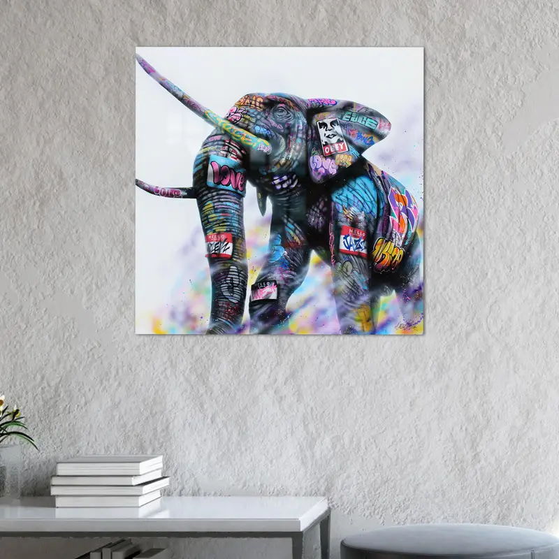 Zarif Renkli Fil Baskılı Cam - Benzersiz Hayvan Grafiti Tasarımı