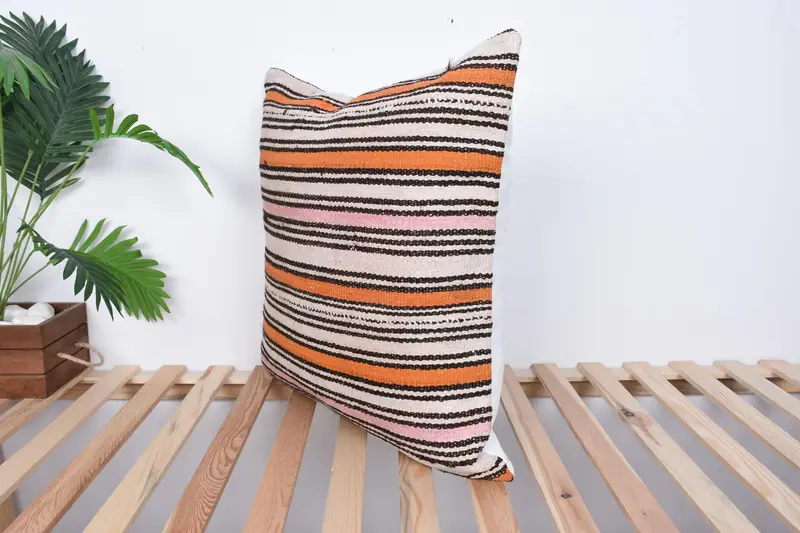 Ethnical Kilim Rug Pillow, Kilim Pillow Cover, Vintage Kilim Throw Pillow, 24x24 Orange Cushion, Cushion Case, Patio Pillow Case, Seat Pillow Sham - 5