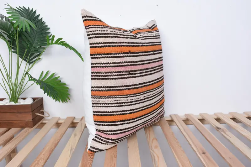Ethnical Kilim Rug Pillow, Kilim Pillow Cover, Vintage Kilim Throw Pillow, 24x24 Orange Cushion, Cushion Case, Patio Pillow Case, Seat Pillow Sham - 4