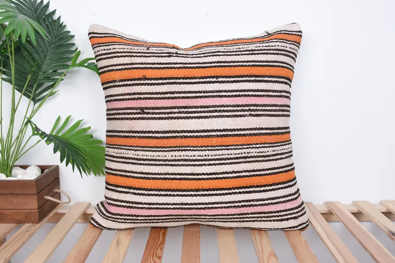 Ethnical Kilim Rug Pillow, Kilim Pillow Cover, Vintage Kilim Throw Pillow, 24x24 Orange Cushion, Cushion Case, Patio Pillow Case, Seat Pillow Sham - 1