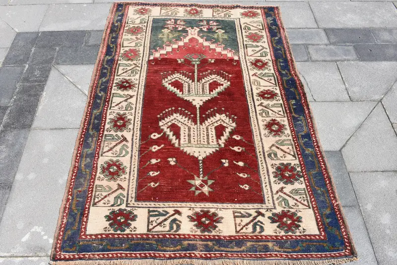 Turkish Rug, Accent 3.8x5.3 ft Vintage Rug, Red Blue Ikat Wool Rug - 1