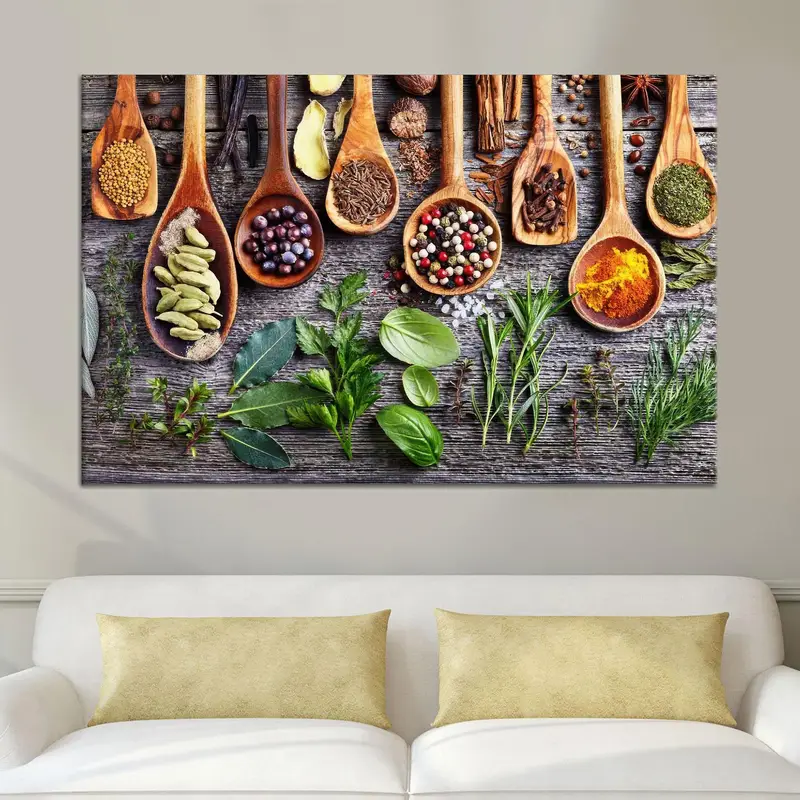 Eleganter Leinwanddruck mit Bauernkräutern für die Küchendekoration