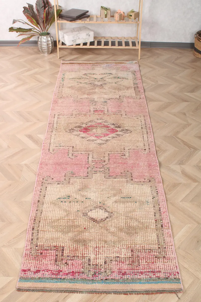 3x9.7 ft Vintage Rug, Turkish Runner Rug, Pink Plants & trees Wool Rug - 1