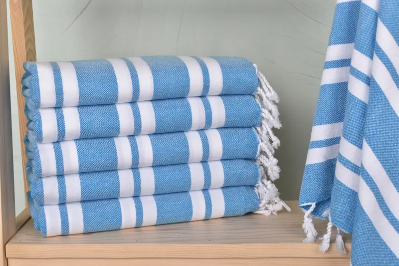 Beach Towel Blue Striped Organic Cotton/Linen, 40x71 Inches