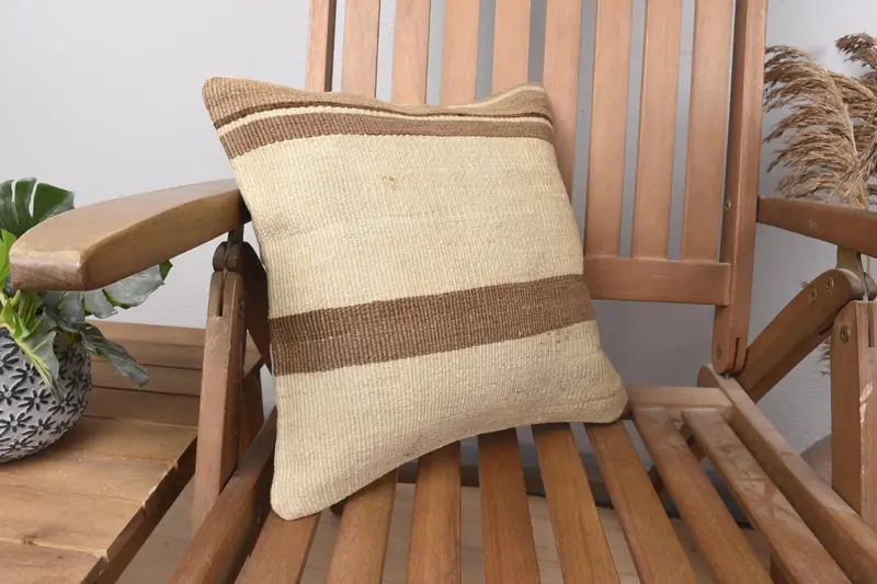 Turkish Pillow, Designer Throw Pillow Sham, 14x14 Beige Cushion Case, Home Decor Pillow, Ethnical Kilim Rug Pillow, Pillow Cover - 2