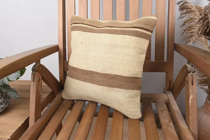 Turkish Pillow, Designer Throw Pillow Sham, 14x14 Beige Cushion Case, Home Decor Pillow, Ethnical Kilim Rug Pillow, Pillow Cover - 3