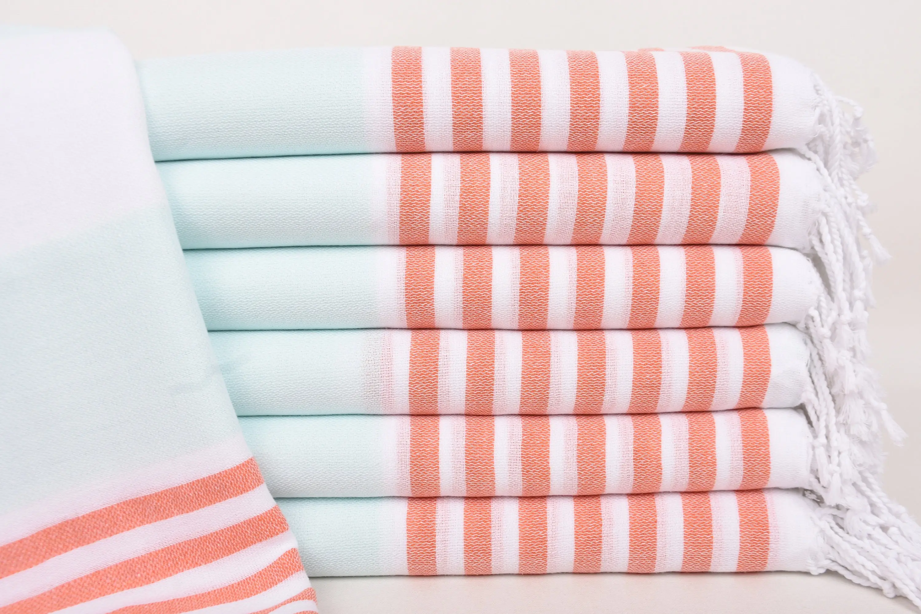 Monogrammed Beach Towel Turkish Cotton Mint-Orange Stripes, 70x40 Inches - 1