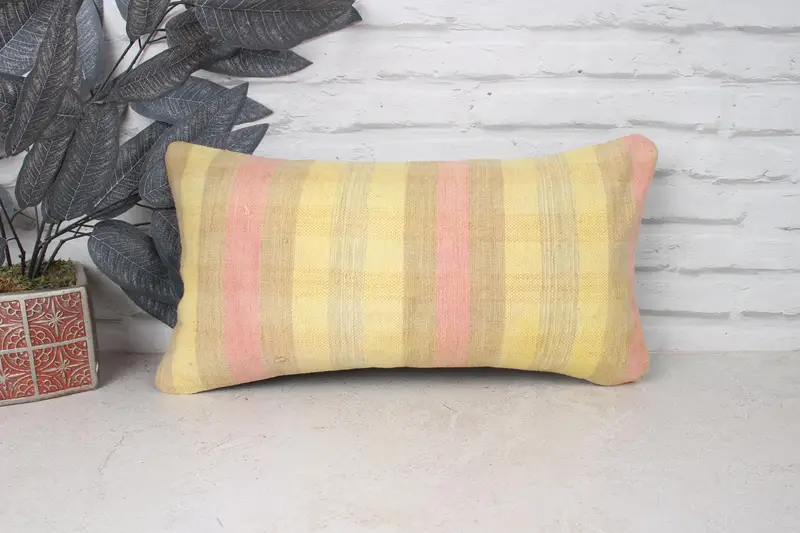 Boho Pillow, Pillow, Gift Pillow, Handmade Throw Cushion Cover, 10x20 Yellow Cushion Case, Vintage Kilim Throw Pillow, Turkish Bench Cushion Case - 1