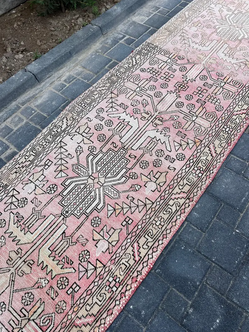 Vintage Rug, 3.3x12.2 ft Runner Rug, Pink Southwestern Wool Turkish Rug - 1
