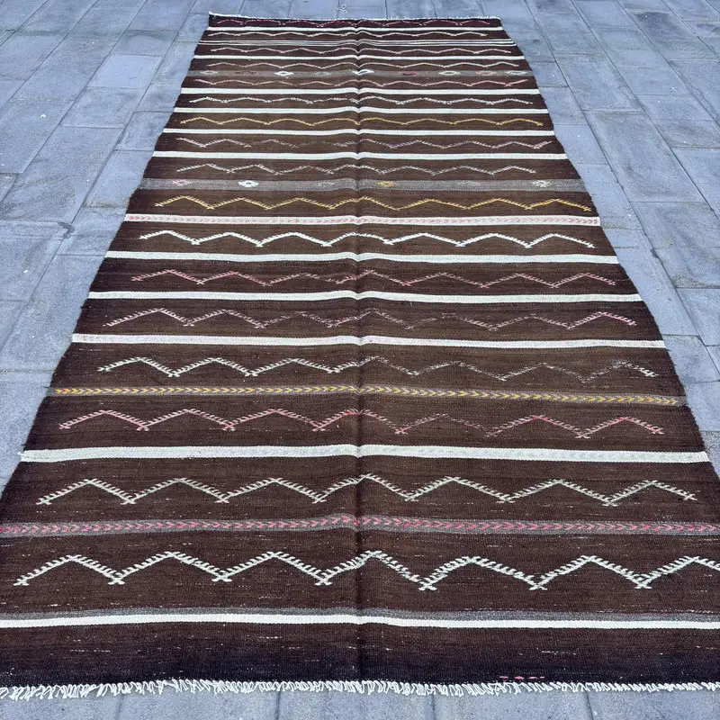 Kahverengi ve Bej Halı, 5,8x13,2 ft Bitki ve Ağaç Desenli