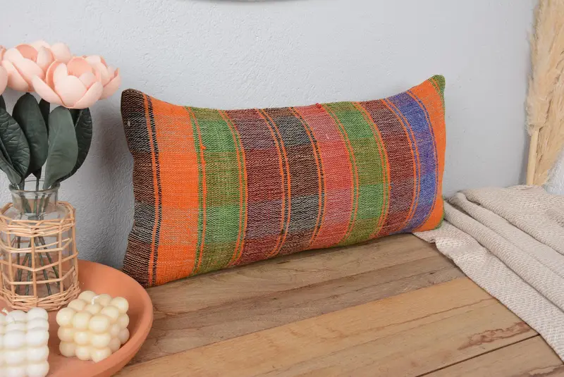 Almohada de rayas naranja y verde, almohada de tiro bordada 12x24