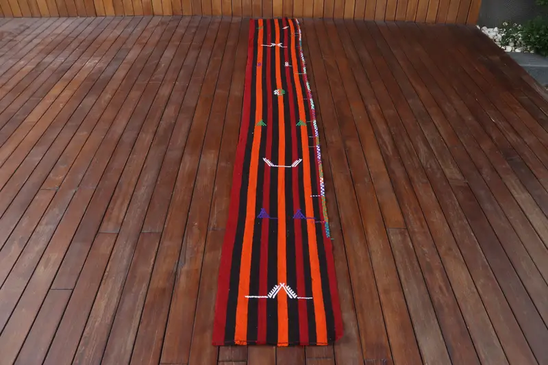 Vintage Turkish Rug 1.4x10.8 ft (43x330 cm), Kilim Red Check Rug - 1