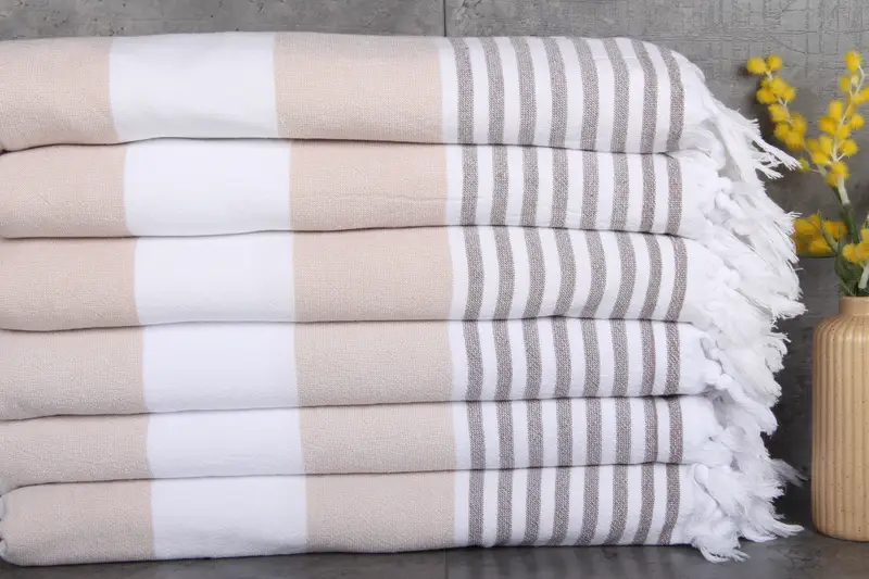 Turkish Towel Beige-Brown Striped Terry Towel, 36x67 Inches