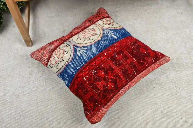 24x24 Red Pillow, Vintage Pillow, Cushion Case, Turkish Bench Pillow Sham, Kilim Cushion Sham, Boho Pillow Sham Cover, Ottoman Cushion - 7