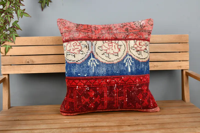 24x24 Red Pillow, Vintage Pillow, Cushion Case, Turkish Bench Pillow Sham, Kilim Cushion Sham, Boho Pillow Sham Cover, Ottoman Cushion - 5