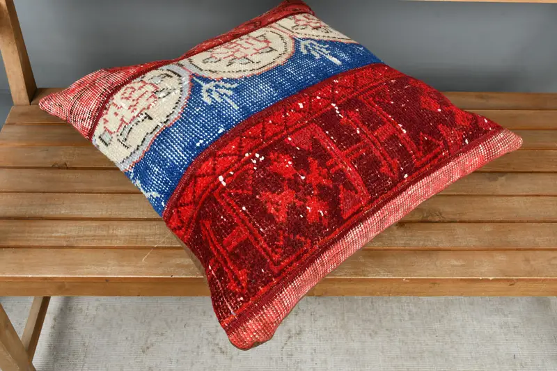 24x24 Red Pillow, Vintage Pillow, Cushion Case, Turkish Bench Pillow Sham, Kilim Cushion Sham, Boho Pillow Sham Cover, Ottoman Cushion - 2