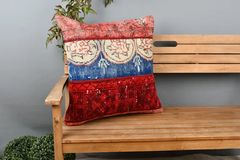 24x24 Red Pillow, Vintage Pillow, Cushion Case, Turkish Bench Pillow Sham, Kilim Cushion Sham, Boho Pillow Sham Cover, Ottoman Cushion - 1