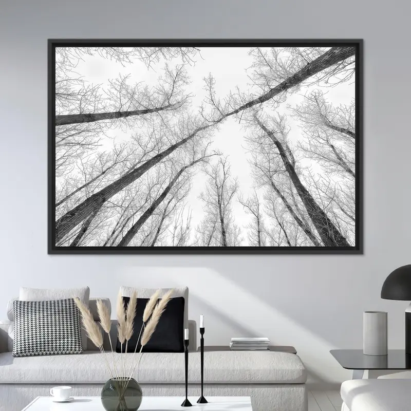 Moderne, schwarz-weiße, mit Baumlandschaften bedruckte Leinwand für das Büro