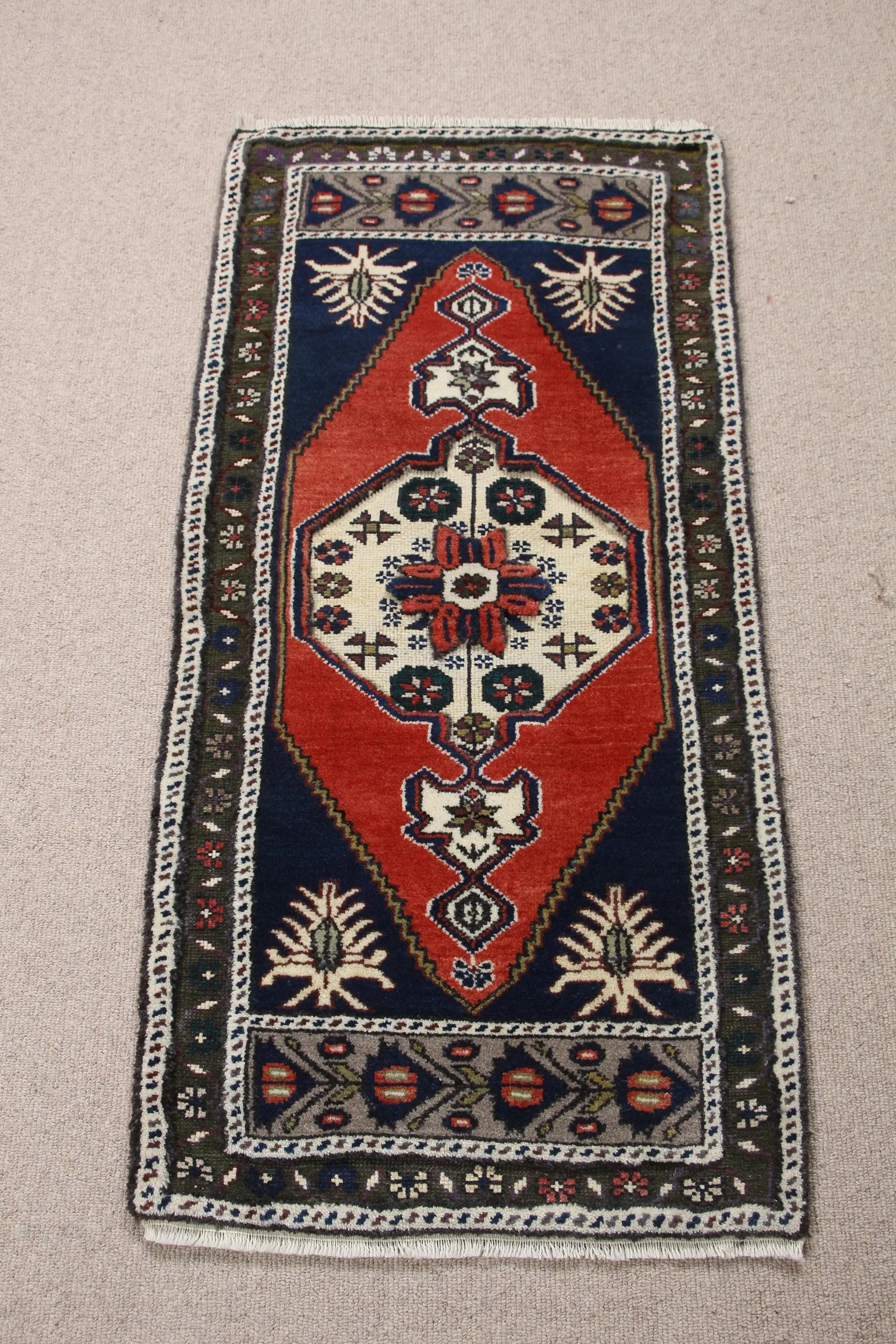 1.9x3.9 ft Turkish Small Rug, Red Blue Vintage Plants & trees Wool Rug - 1