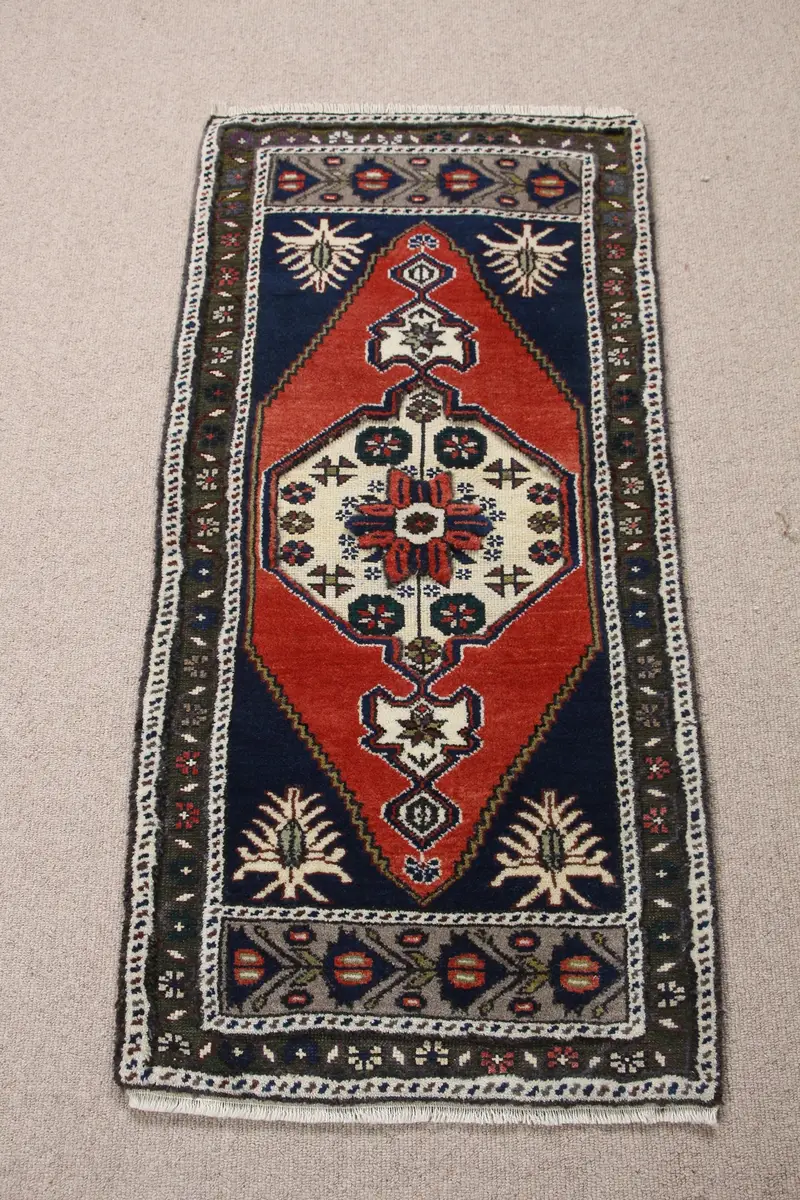 Alfombra Roja y Azul 1,9x1,9m Diseño Botánico