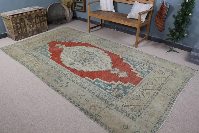 Yeşil ve Kırmızı Halı, 5,3x9,9 ft Botanik Tasarım