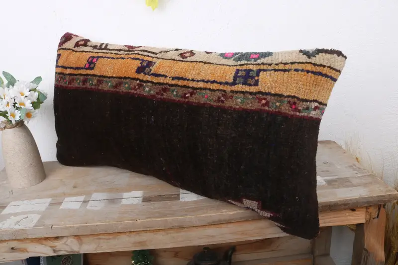 Cushion Cover, Throw Kilim Pillow, 12x24 Brown Cushion, Bench Pillow Sham, Toss Cushion, Home Decor Pillow, Vintage Kilim Pillow - 4