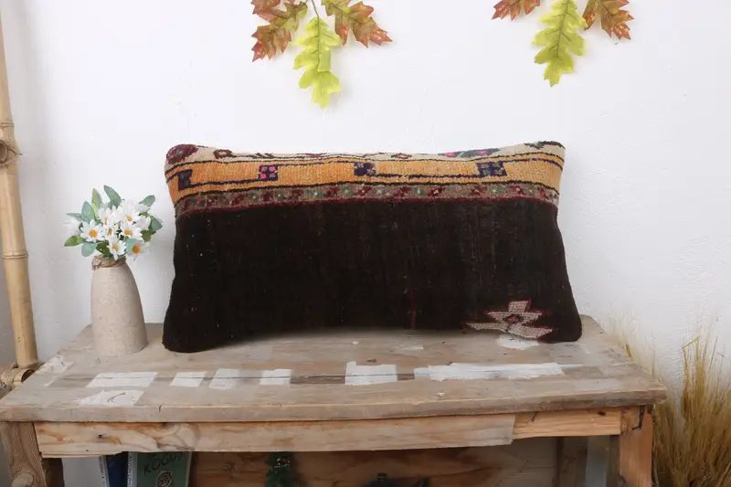 Cushion Cover, Throw Kilim Pillow, 12x24 Brown Cushion, Bench Pillow Sham, Toss Cushion, Home Decor Pillow, Vintage Kilim Pillow - 1