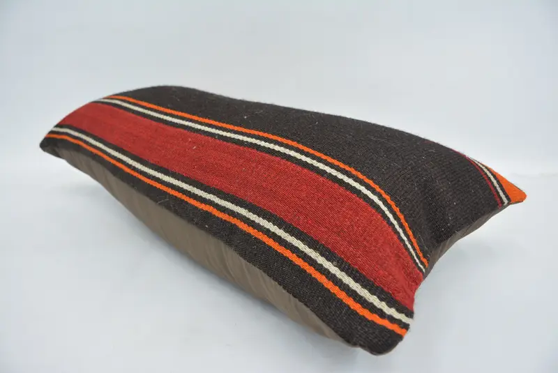 Brown & Orange Embroidered Throw Pillow, 12x24 Inches, Geometric Pattern - 6