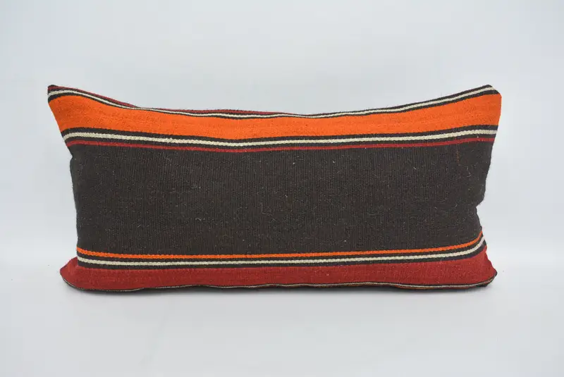 Brown & Orange Embroidered Throw Pillow, 12x24 Inches, Geometric Pattern - 1