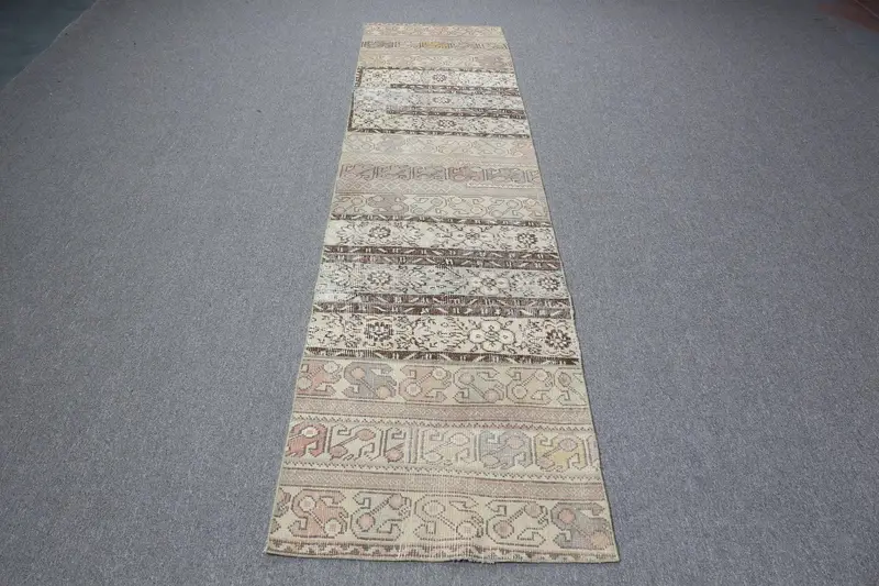 Zarif Bej ve Yeşil Halı, 2,3x9,3 ft Çiçek ve Geometrik