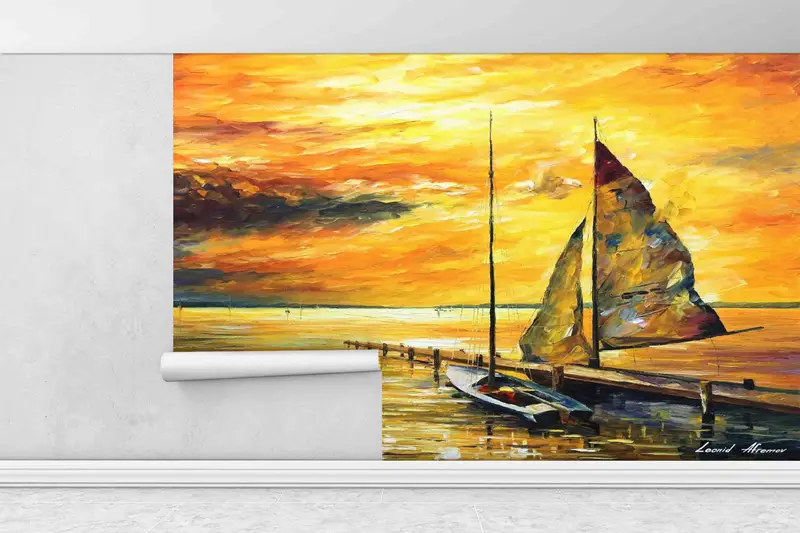 Orange Wandgemälde, Boot Wandmalerei, 3D -Wandkunst, Papierjubiläum, Meereslandschaftsmalerei Wandkleher, Landschaftswanddruck, Tapetenpatent, - 1